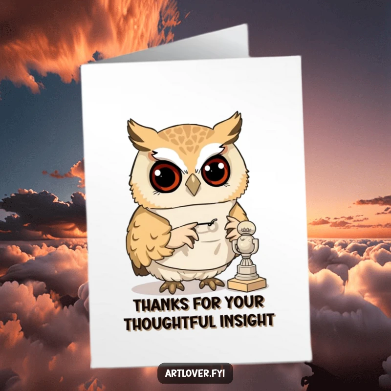 Funny Free Printable Thank You Card: A wise owl in a smock meticulously examines a small sculpture, conveying thanks.