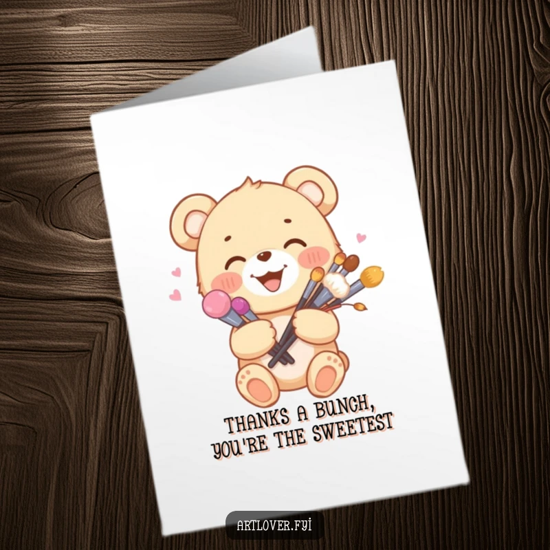 Funny Free Printable Thank You Card showing a joyful bear cub offering a bouquet of artist brushes as a token of thanks.