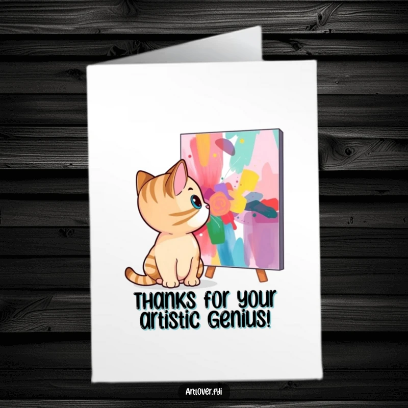 Funny Free Printable Thank You Card: Curious cat gazes at abstract art, offering a stylish and humorous way to say thanks.