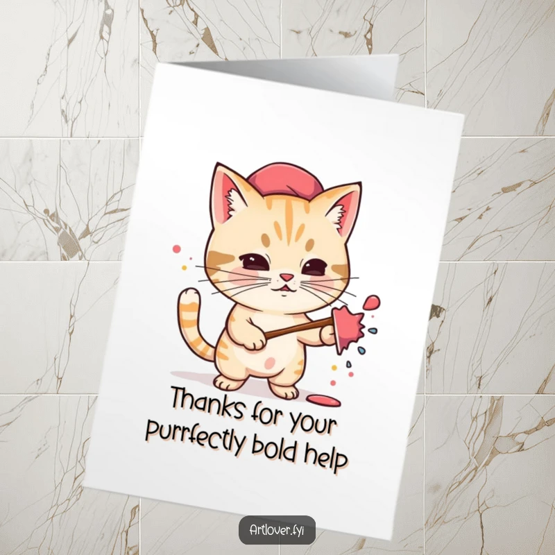 Funny Free Printable Thank You Card: Adorable cat artist, beret askew, happily splattering paint in a gesture of thanks.