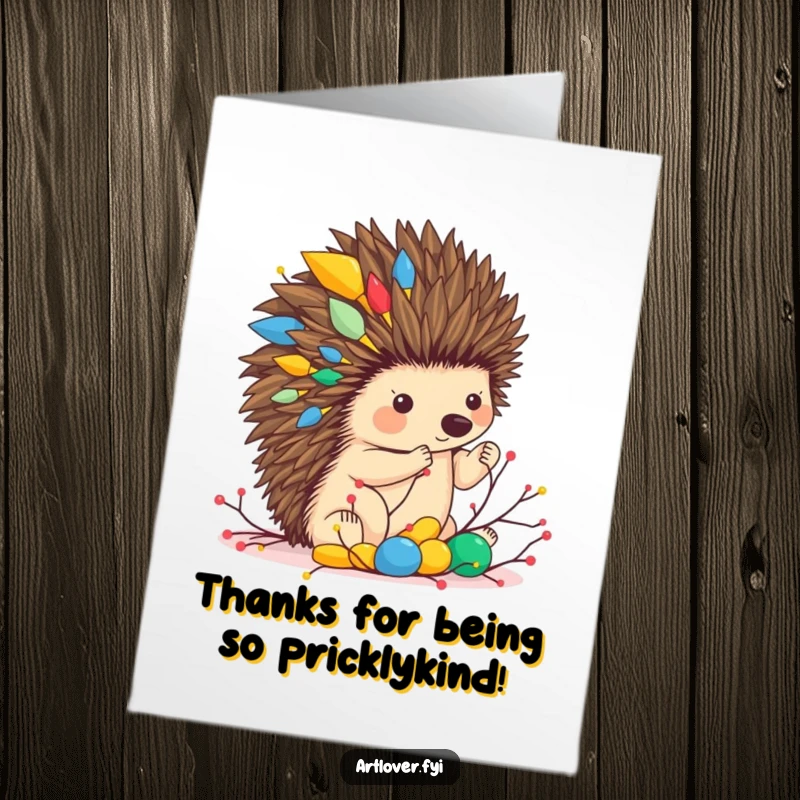 Funny Free Printable Thank You Card: Charming hedgehog artist holds a colorful twig sculpture, conveying heartfelt thanks.