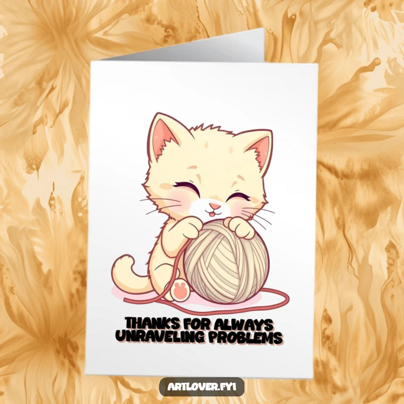 Funny Free Printable Thank You Card: Cute kitten sculptor hilariously failing to create art from a ball of yarn.