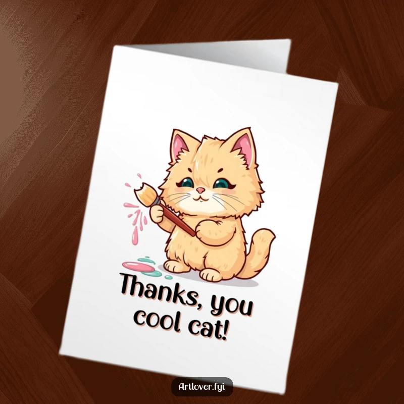Funny Free Printable Thank You Card of a fluffy cat artist, leaving a paint splatter masterpiece after saying thanks.