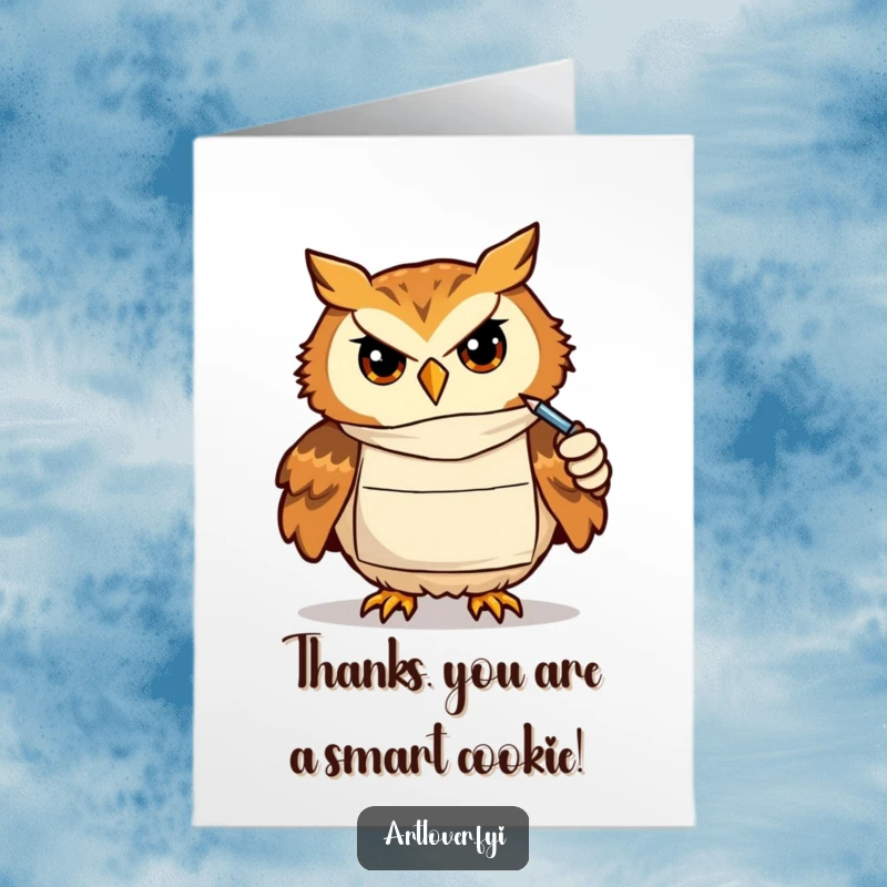 Funny Free Printable Thank You Card: Concentrating owl artist in a smock draws a special thank you message.