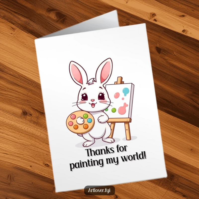 Funny Free Printable Thank You Card: Playful rabbit with palette dabbing paint on canvas, a creative and humorous thank you.