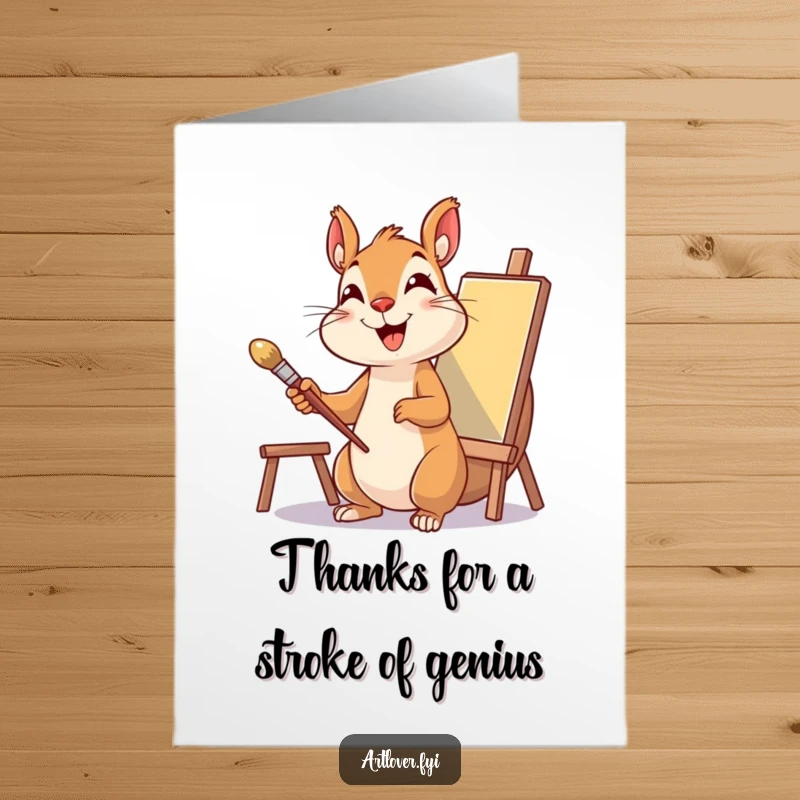 Funny Free Printable Thank You Card: Delighted squirrel artist holding paintbrush, looking at canvas, expressing thanks, print at home.