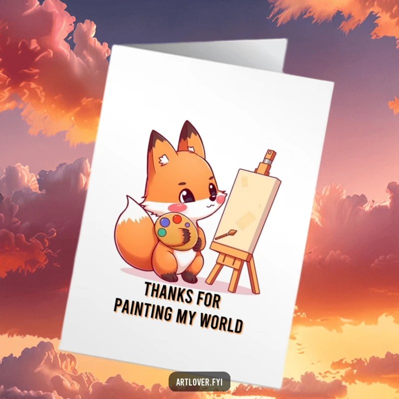 Funny Free Printable Thank You Card featuring an enthusiastic fox with a smeared palette cheek admiring its artwork, expressing thanks.
