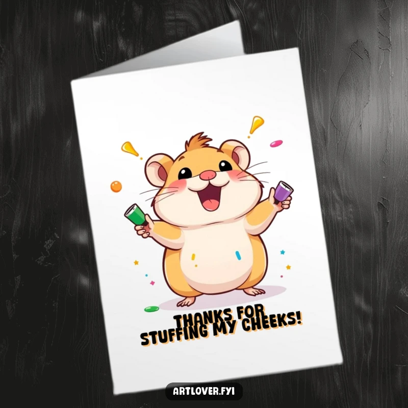 Cheerful Free Printable Thank You Card with an excited hamster character juggling bright paint tubes.