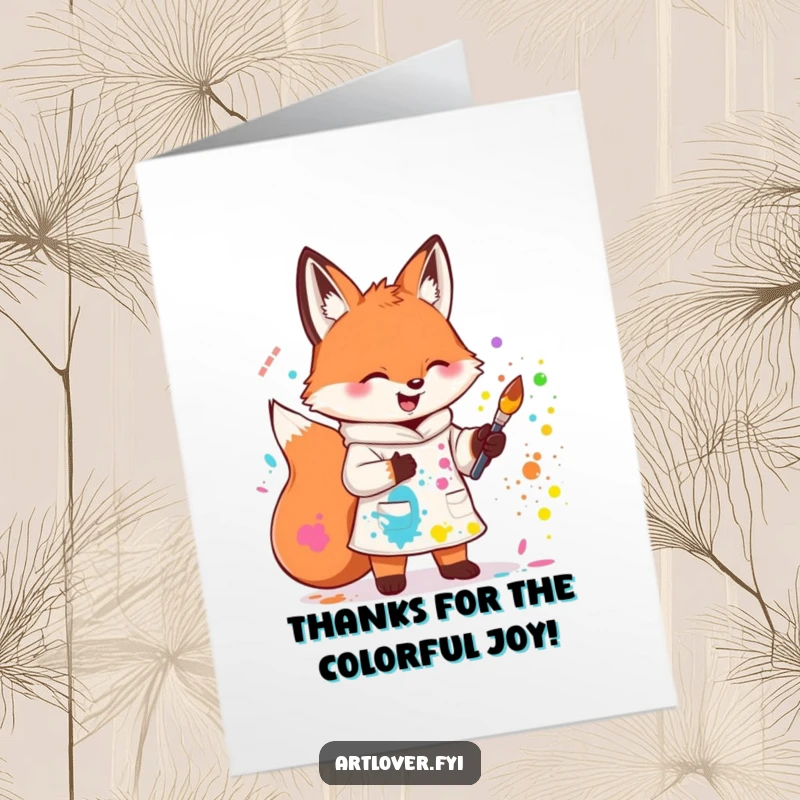 Funny Free Printable Thank You Card: A cute fox artist smudged with colorful paint, expressing creative thanks, downloadable art.