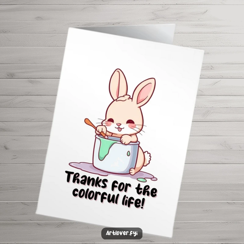 Funny Free Printable Thank You Card: Rabbit artist creating art with paint, a unique and humorous way to say thanks.