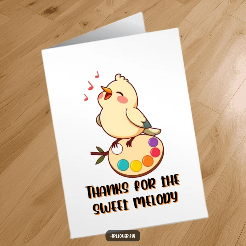 Funny Free Printable Thank You Card: A cheerful bird singing a happy tune while sitting on a colorful paint palette.