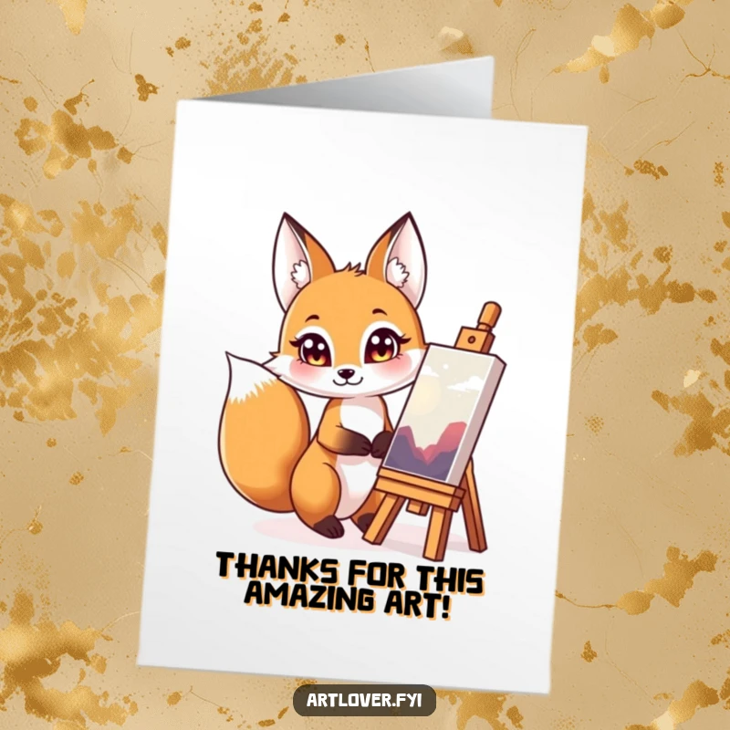 Funny Free Printable Thank You Card: A curious fox with bright eyes admiring artwork, a unique and funny way to say thank you.