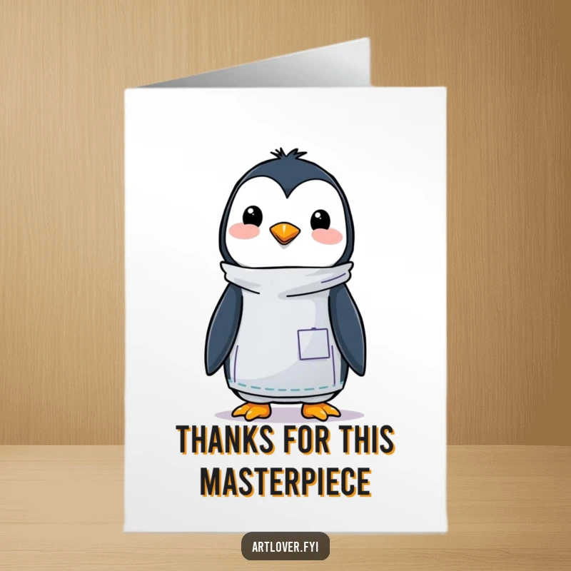 Funny Free Printable Thank You Card: A happy penguin artist in a colorful smock, holding a palette and paintbrush, expressing thanks.