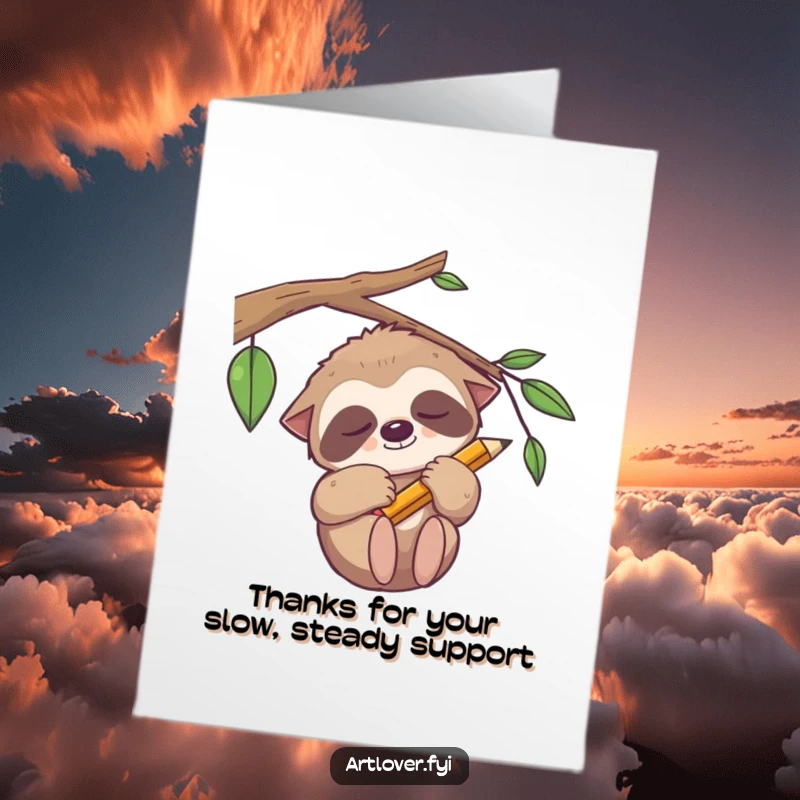Funny Free Printable Thank You Card: Sleepy sloth artist hanging lazily, a humorous and endearing way to express thanks.