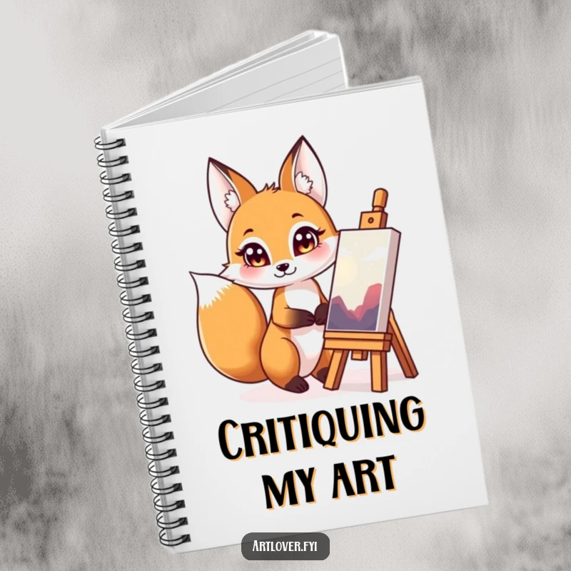 Funny fox art journal notebook, a cover depicting a curious fox admiring a finished piece of art.