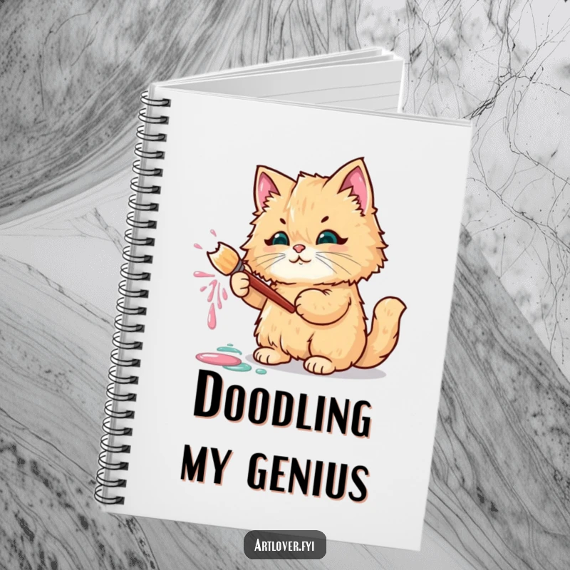 Funny notebook cover with a fluffy cat holding a paintbrush, splattering paint with artistic flair.