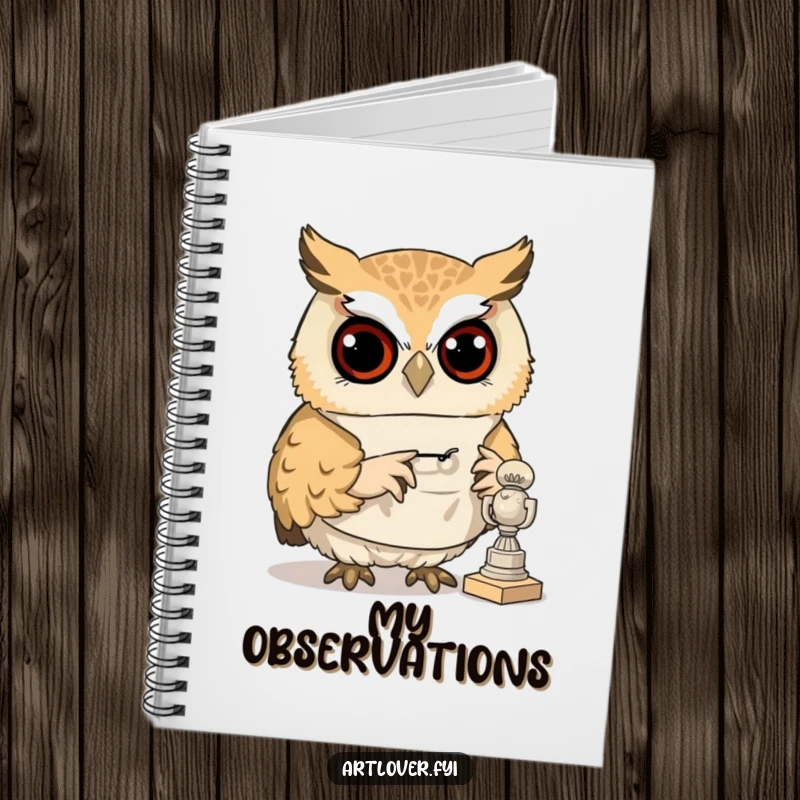 Funny notebook featuring a curious owl in a smock, examining a tiny sculpture, perfect for art critiques.