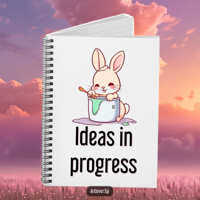 Funny artist rabbit notebook, a journal with a cover showing a playful bunny dipping its paw into a pot of paint.