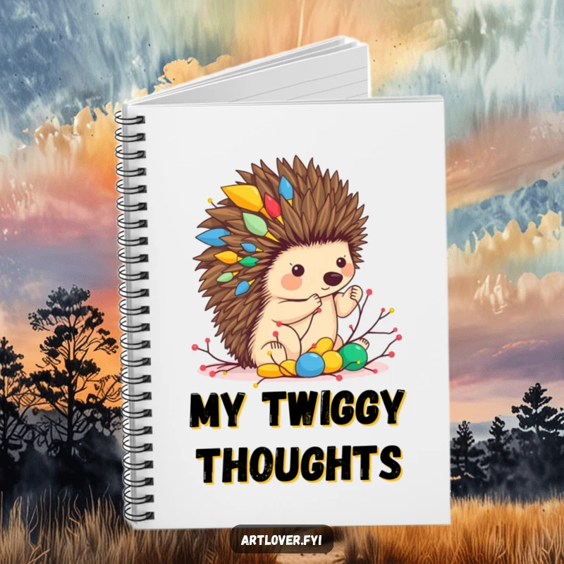 Funny notebook cover with a hedgehog artist building a twig sculpture, ideal for sketching ideas and jotting down creative thoughts.