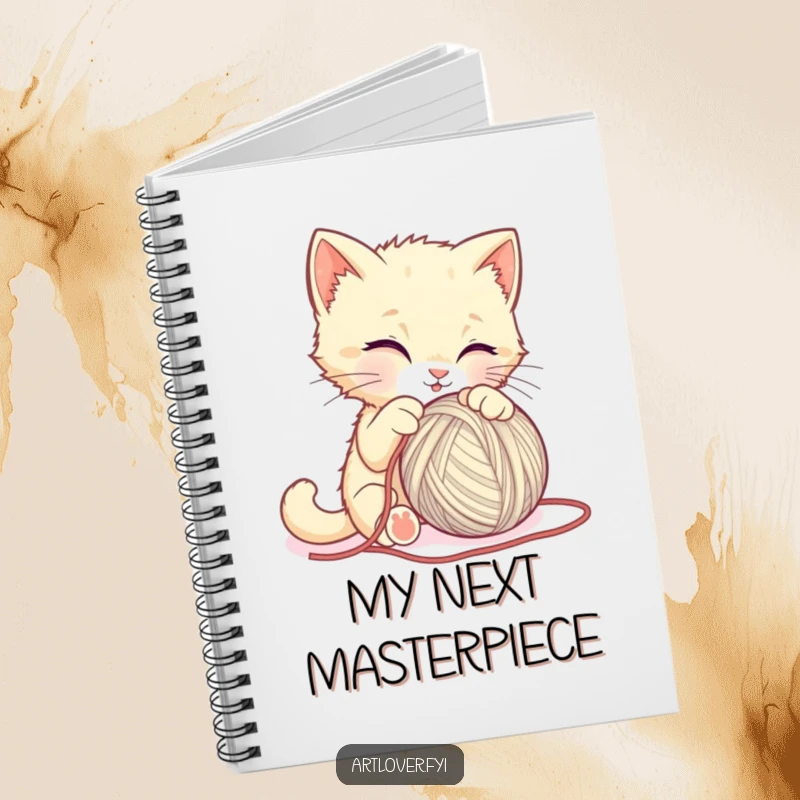 Funny kitten notebook, a sweet cat hilariously attempting to sculpt a ball of yarn, inspiring creative writing and drawing.