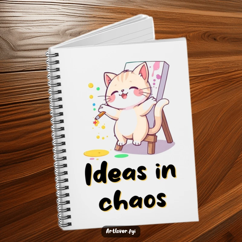 Funny cat notebook with a joyful artist cat splattering paint on a canvas. A humorous and inspiring stationery item for creatives.