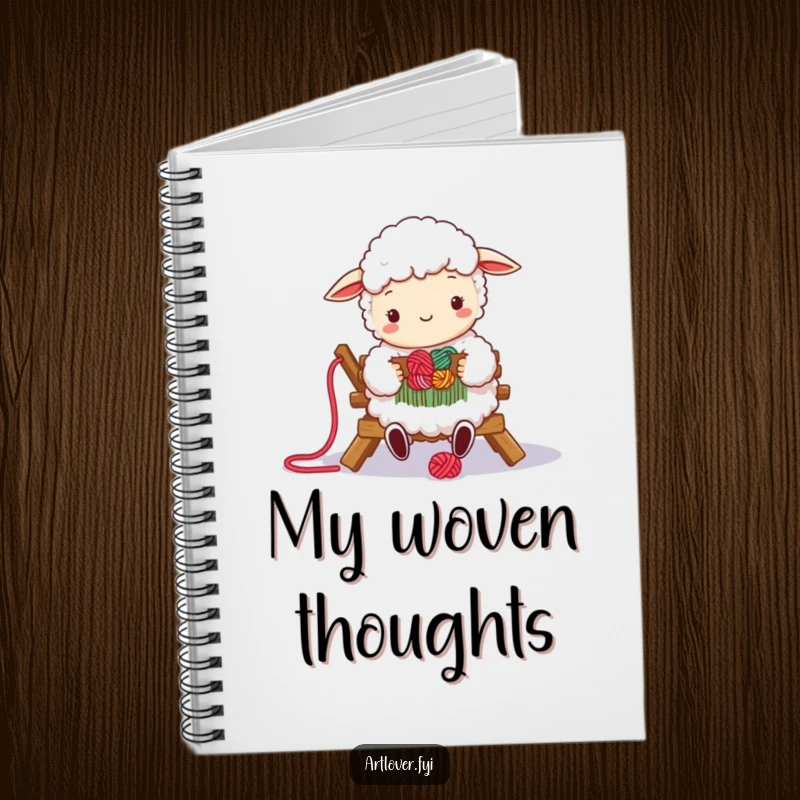 Funny notebook cover with a happy sheep weaving yarn, ideal for sketching project ideas and recording crafting notes.