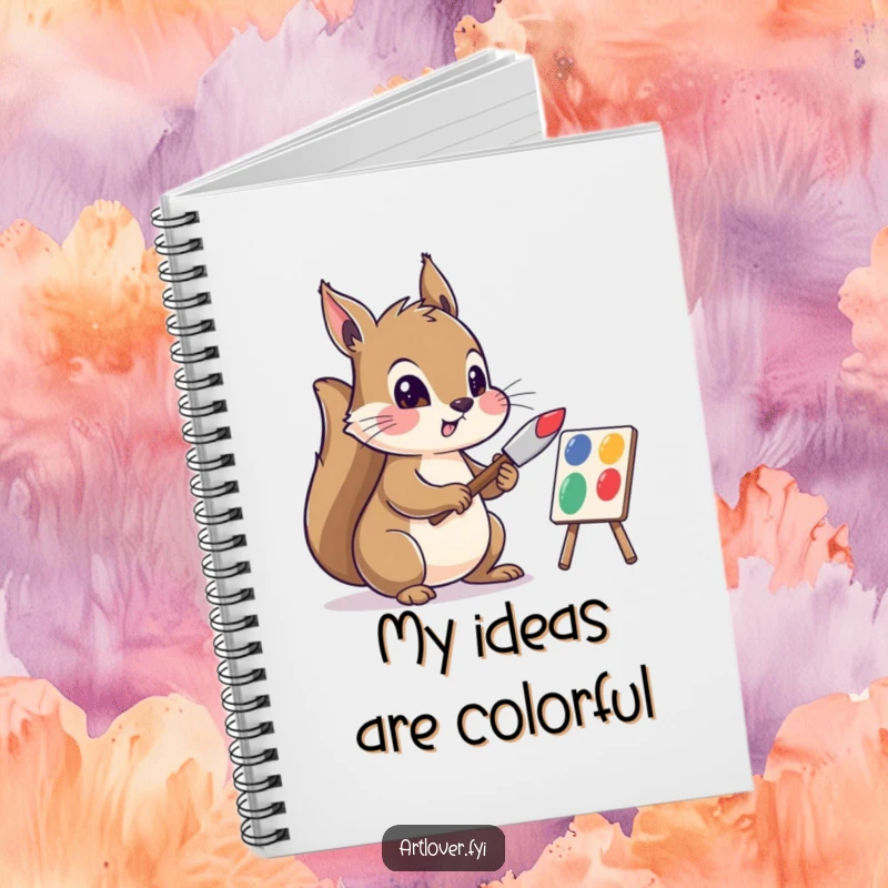 Funny notebook cover showcasing a squirrel artist focused on mixing colorful paints, ideal for capturing creative ideas and sketches.
