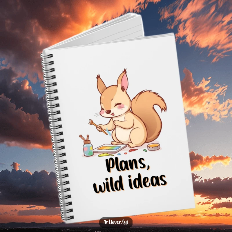 Funny notebook featuring an enthusiastic squirrel mixing paints with a tiny twig, inspiring artistic ideas.