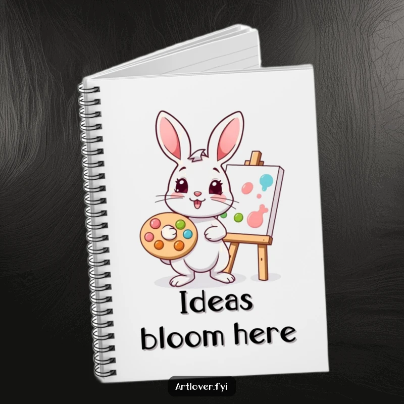 Funny rabbit notebook featuring a playful bunny artist with a palette, dabbing paint onto a canvas, perfect for creatives.