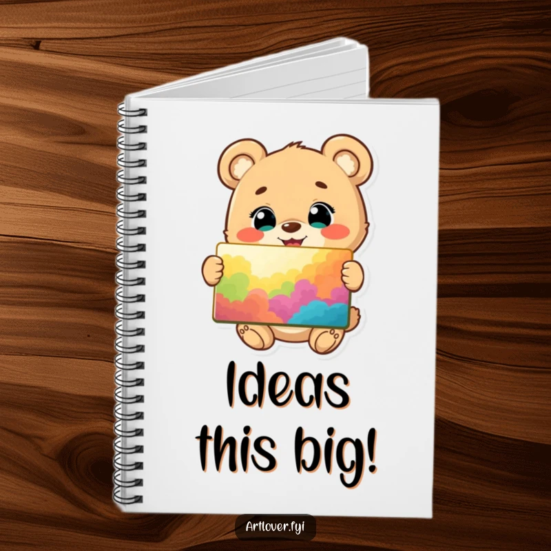 Funny notebook featuring a happy bear cub character, eyes bright, proudly displaying a vibrant and colorful painting it created.