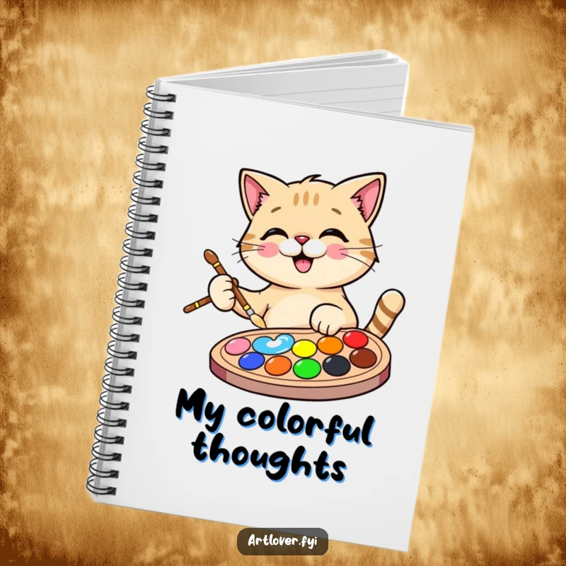 Funny Cat Artist Notebook featuring a happy cat holding a paintbrush and palette, ideal for jotting down creative thoughts and inspiration.