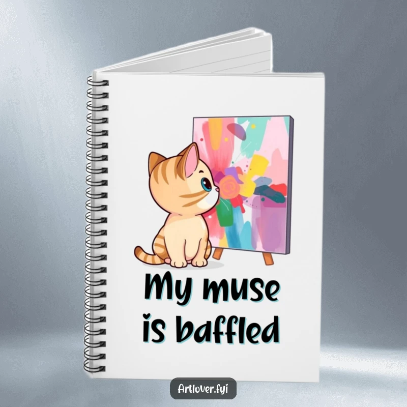 Funny cat notebook with a curious feline gazing at a colorful abstract painting, designed for creative minds and cat lovers.