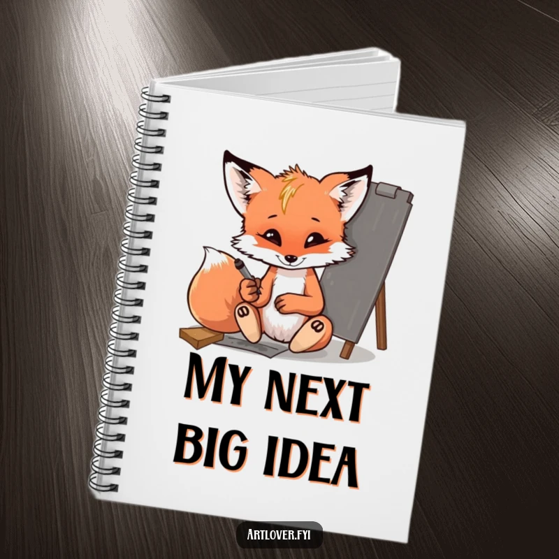 Funny fox cub notebook, a mischievous cub sketching with charcoal, perfect for journaling creative thoughts and art.