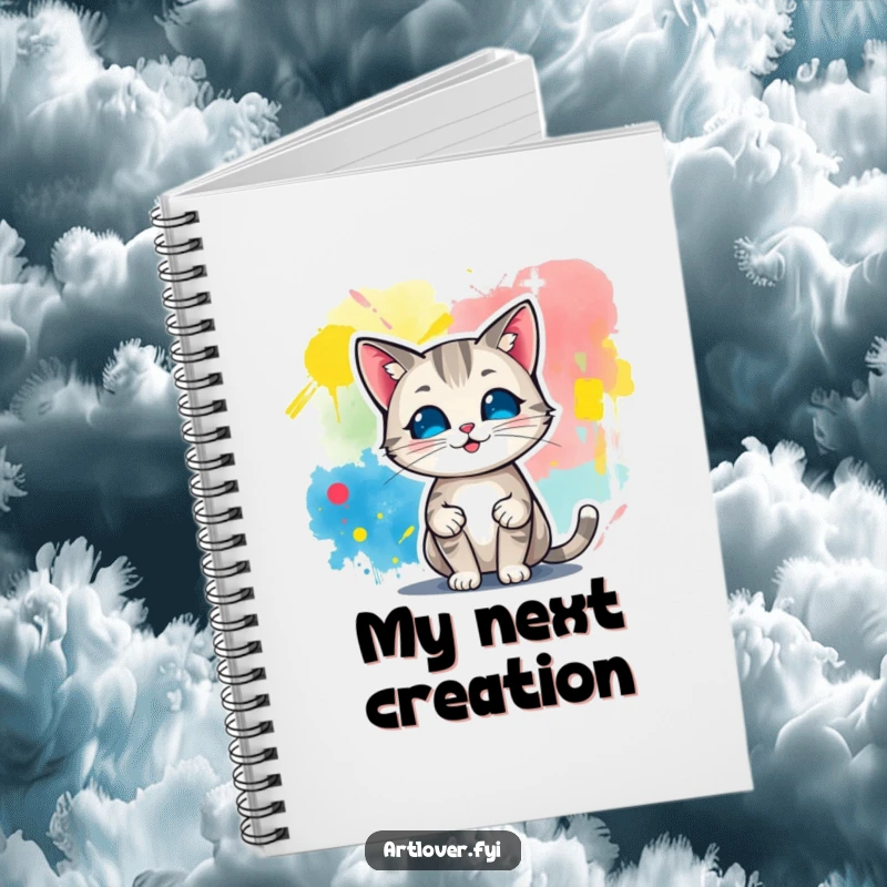 Funny notebook with a cover image of a cat artist proudly displaying a colorful abstract painting, perfect for jotting down creative thoughts.