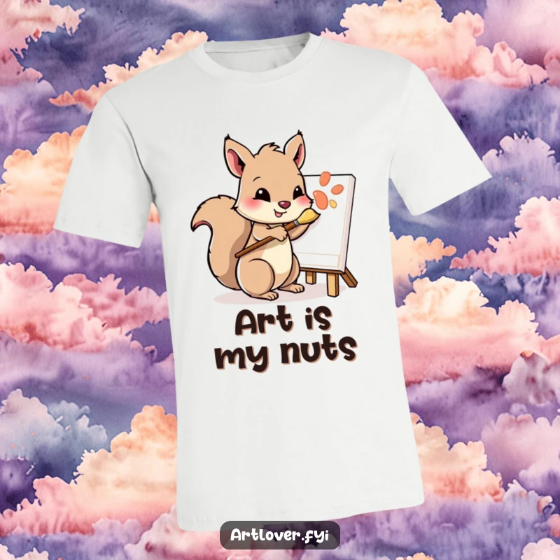 Funny t-shirt depicting a playful squirrel character holding a paintbrush, carefully dabbing paint onto a canvas.