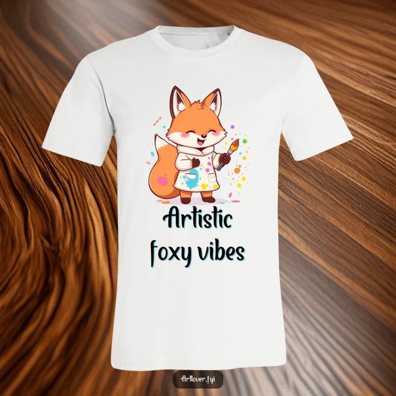 Funny t-shirt showing a cute fox in a smock joyfully splattering colorful paint, representing artistic freedom. A great gift.