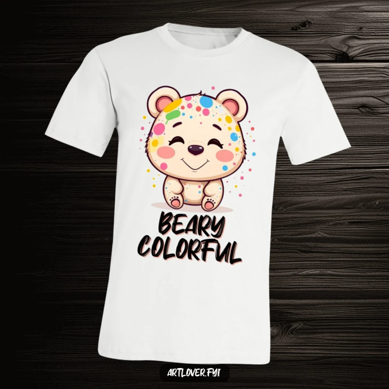 Funny T-Shirt: A smiling bear artist beaming, adorned with countless colorful paint spots, looking joyful and proud of its work, funny gift.