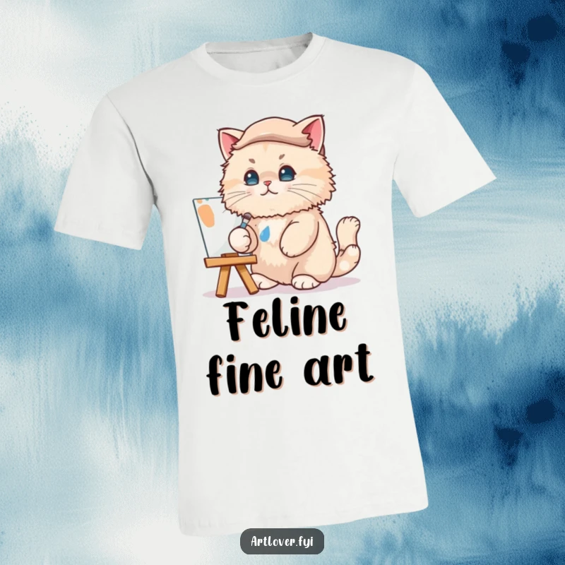 Funny Cat Artist T-Shirt: A superb cat wearing a beret dabs paint, a humorous portrayal of artistic dedication for funny gift seekers.