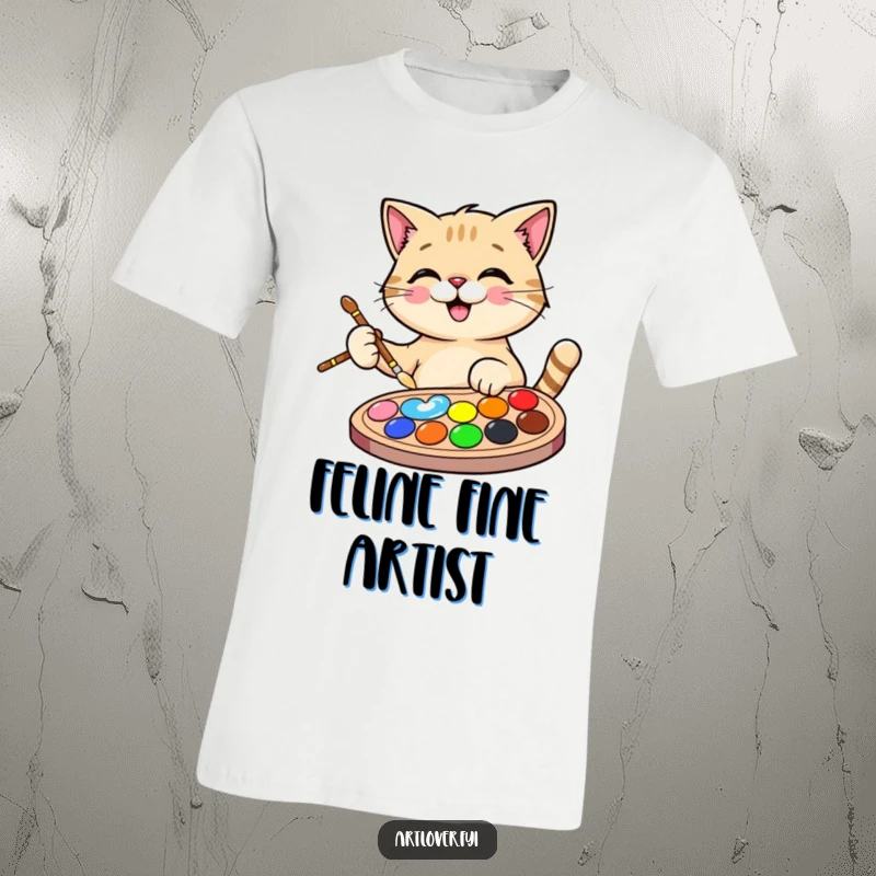 Funny Cat Artist T-Shirt depicts a happy cat holding a paintbrush, dipping it into a vibrant color palette, a humorous gift.