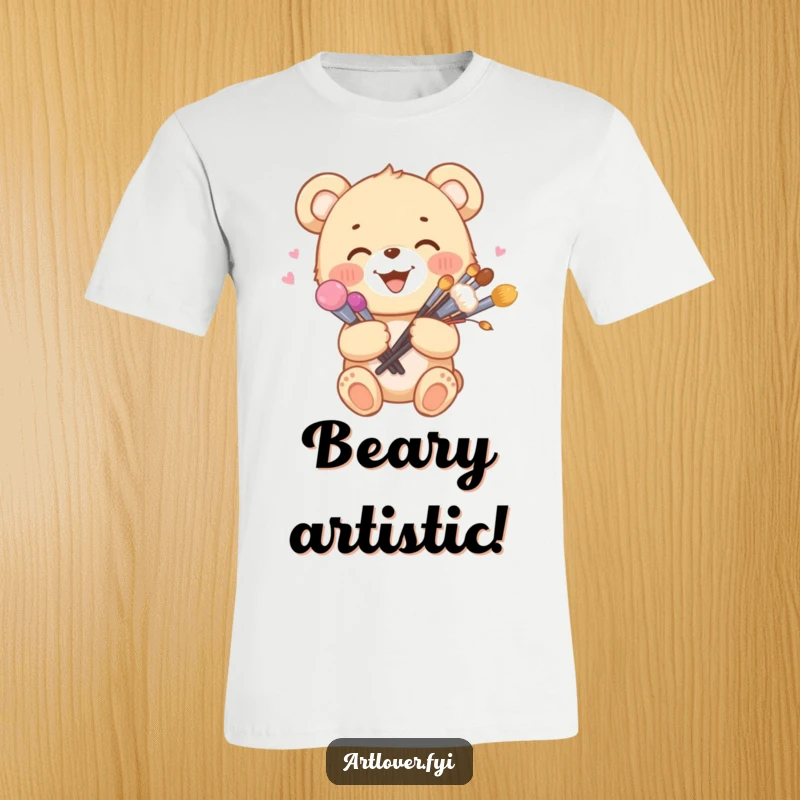 Funny bear cub t-shirt holding a vibrant bouquet of paint brushes, showcasing a happy and artistic woodland creature.
