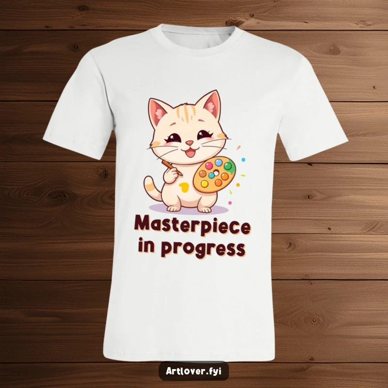 Funny artist cat t-shirt, featuring a happy cat in a smock creating a colorful art splat, full of creativity.