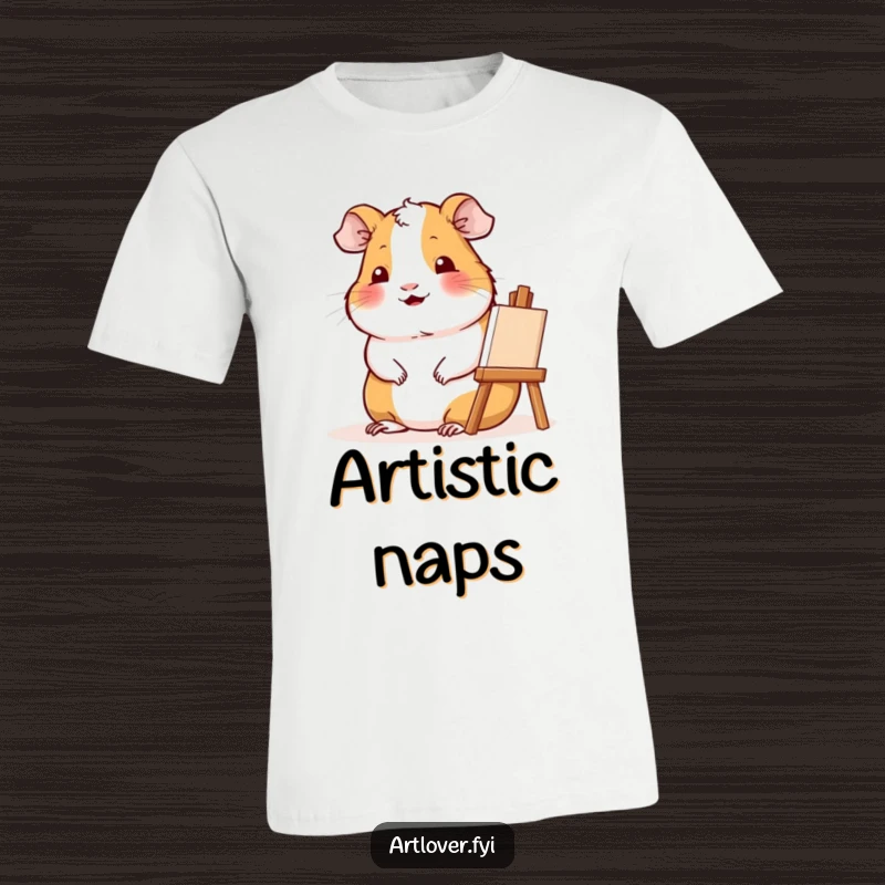 Funny Artist Guinea Pig T-Shirt: Contented guinea pig smiles while sitting beside a small easel, painting with joy.