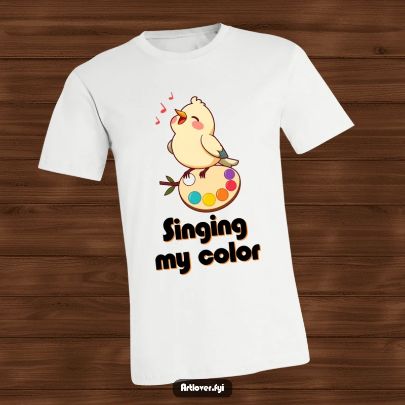 Funny t-shirt of a bird happily singing while perched on a colorful palette, embodying cheerful artistic expression.