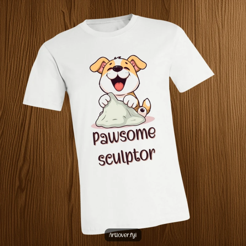 Funny Dog Sculptor T-Shirt featuring a dog joyfully sculpting clay with its paws, a great funny gift.