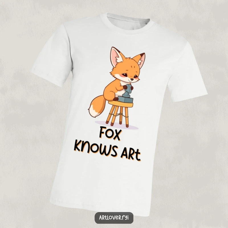 Funny Fox Art Critic T-Shirt: A curious fox artistically evaluates a sculpture, depicted humorously for art enthusiasts and gift-givers.