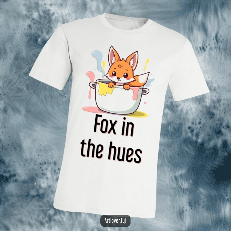 Funny Fox Artist T-Shirt: Curious fox character with a mischievous grin peeking out from a large, colorful paint pot.