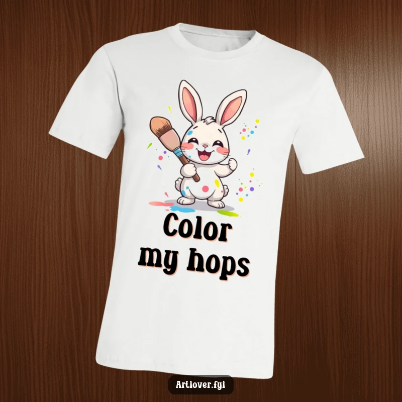 Funny Rabbit Artist T-Shirt: Joyful rabbit character wielding a big paintbrush, splattering a rainbow of colors with glee.