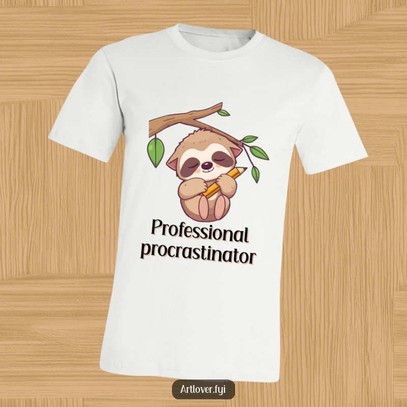 Funny sleepy sloth t-shirt, hanging lazily with a pencil, perfect for art lovers who value relaxation.