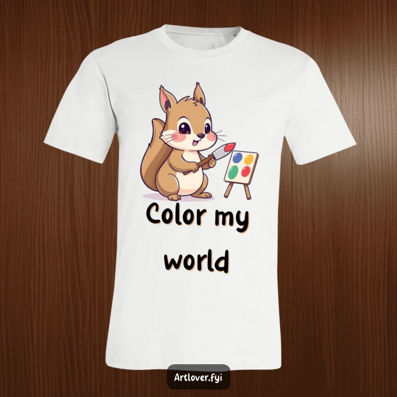 Funny t-shirt showcasing a comical squirrel artist intensely mixing colorful paints on a palette with a knife, full of artistic energy.