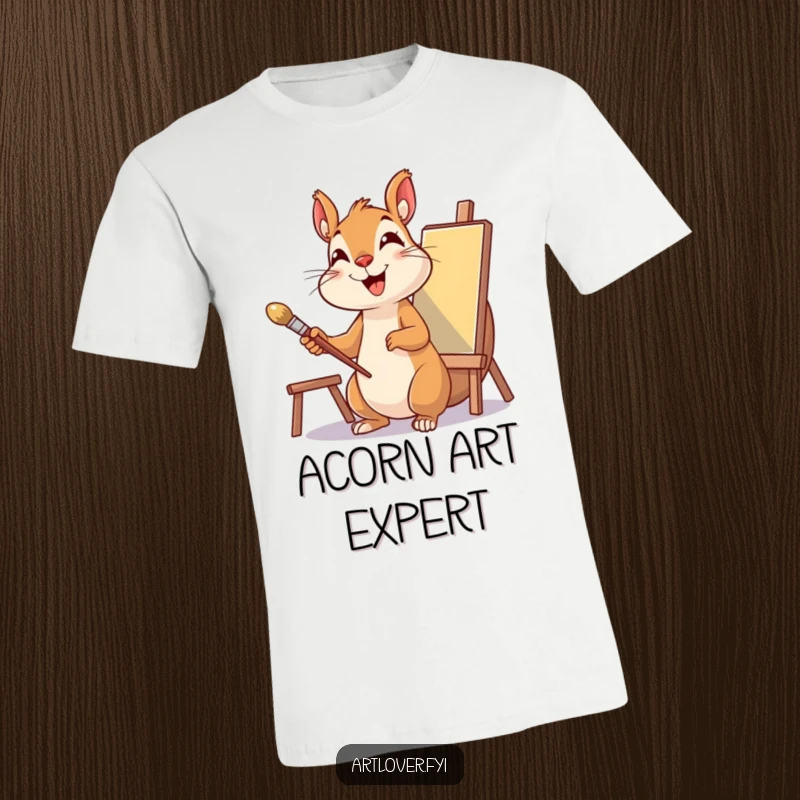 Funny Squirrel Painter T-Shirt of a delighted squirrel holding a paintbrush and looking at a canvas, ready for art.